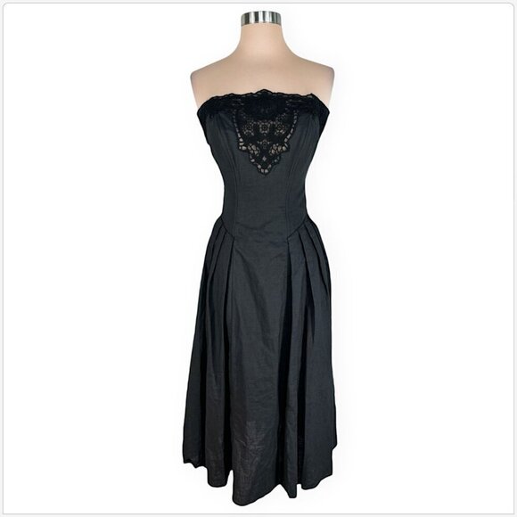 Nancy Johnson Vintage Black Ramie Cotton Lace Strapless Full Skirt Dress Vtg 6 - Picture 2 of 5